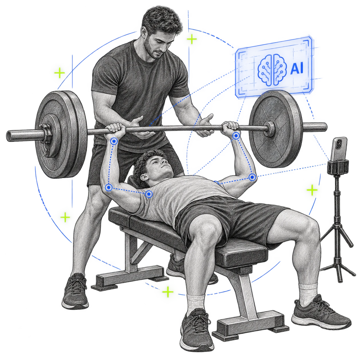 Personal trainer che assiste un atleta alla panca, affiancato dall’AI attraverso il telefono